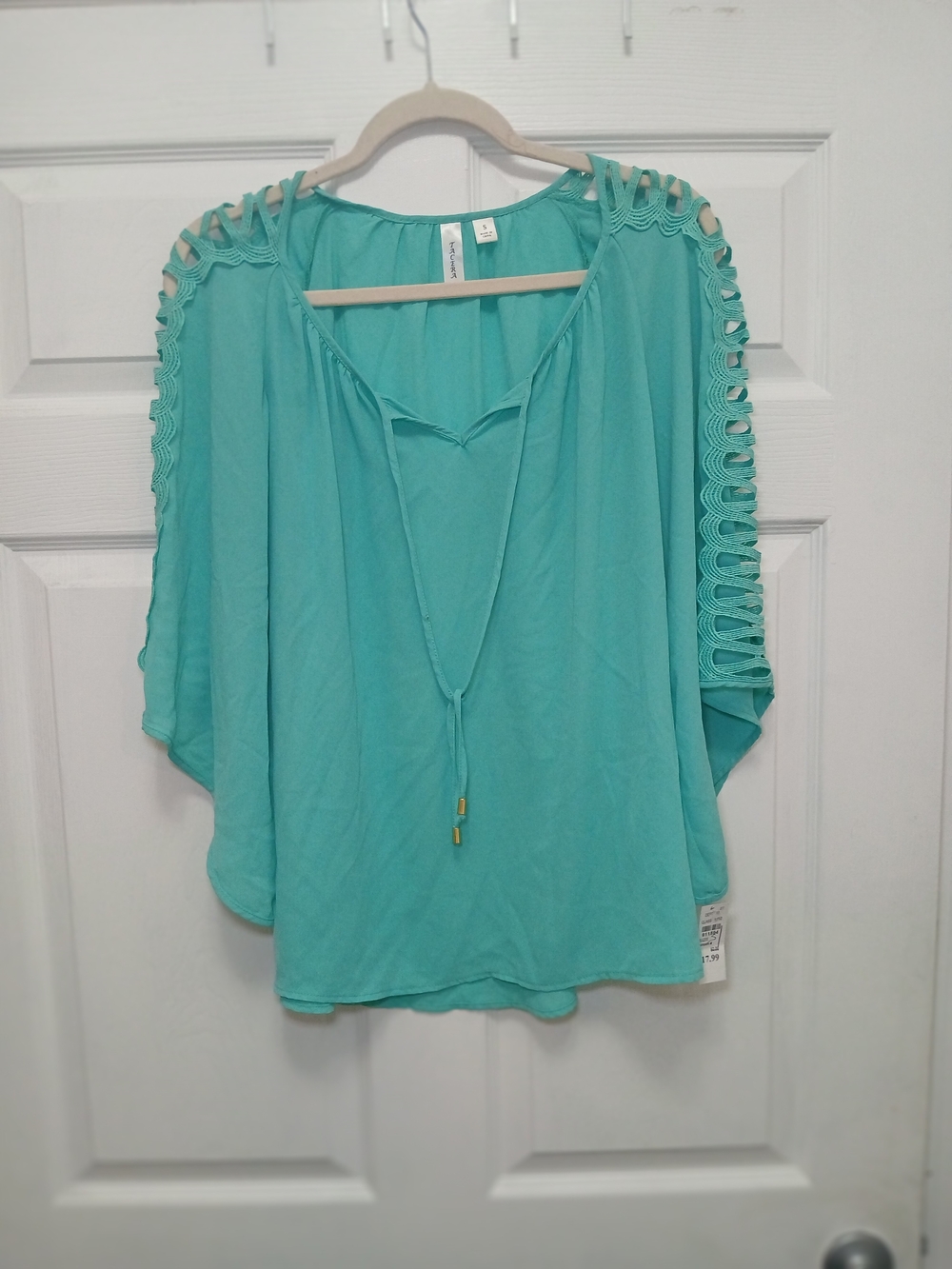 Tacera Teal Crochet-Slit Peasant Tunic